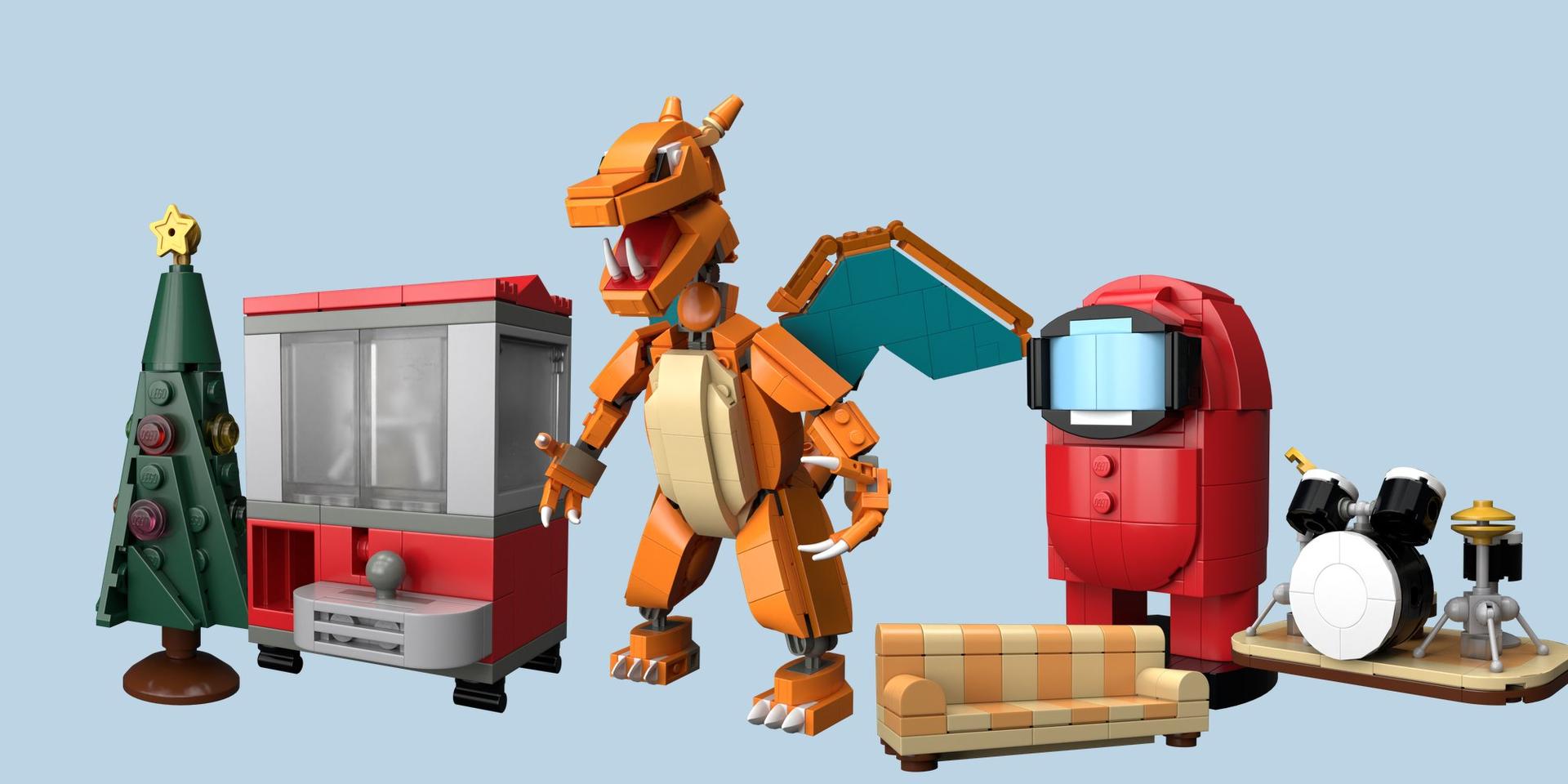 Six LEGO MOCs side by side: a Christmas tree, a claw machine, Charizard, an Among Us Crewmate, a couch and a drum kit